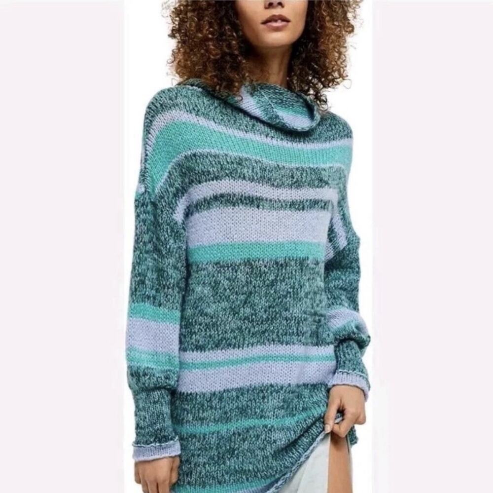 Free People NWT Waterfalls Combo Wool Blend Sweater Top Cowl Neck Turquoise XS